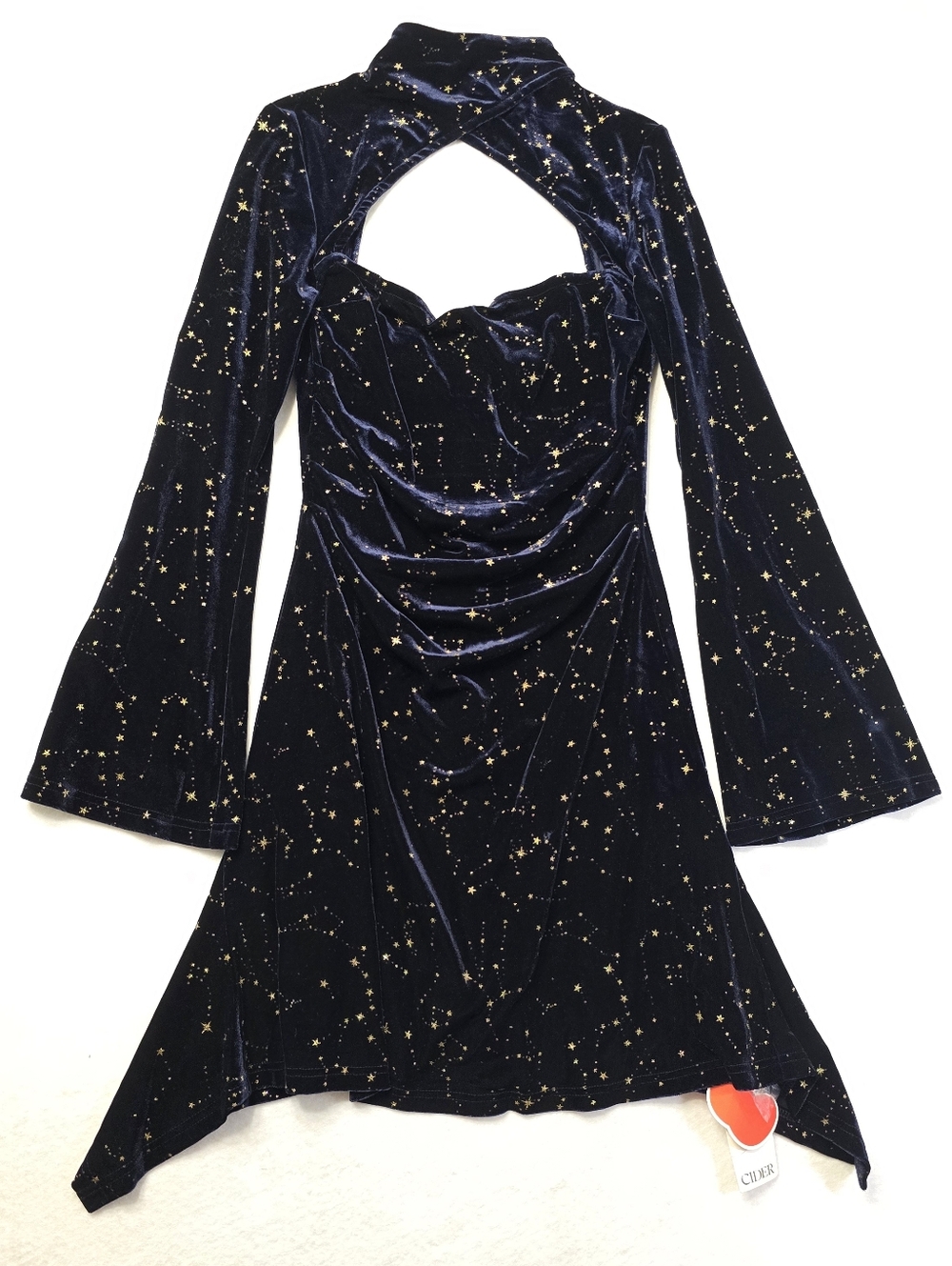 Cider Navy Velvet Star-Print Cutout Long Sleeve Dress - Picture 4 of 11